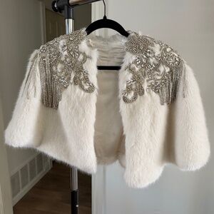 White Faux Fur Shrug with Crystal & Chain Embellishment